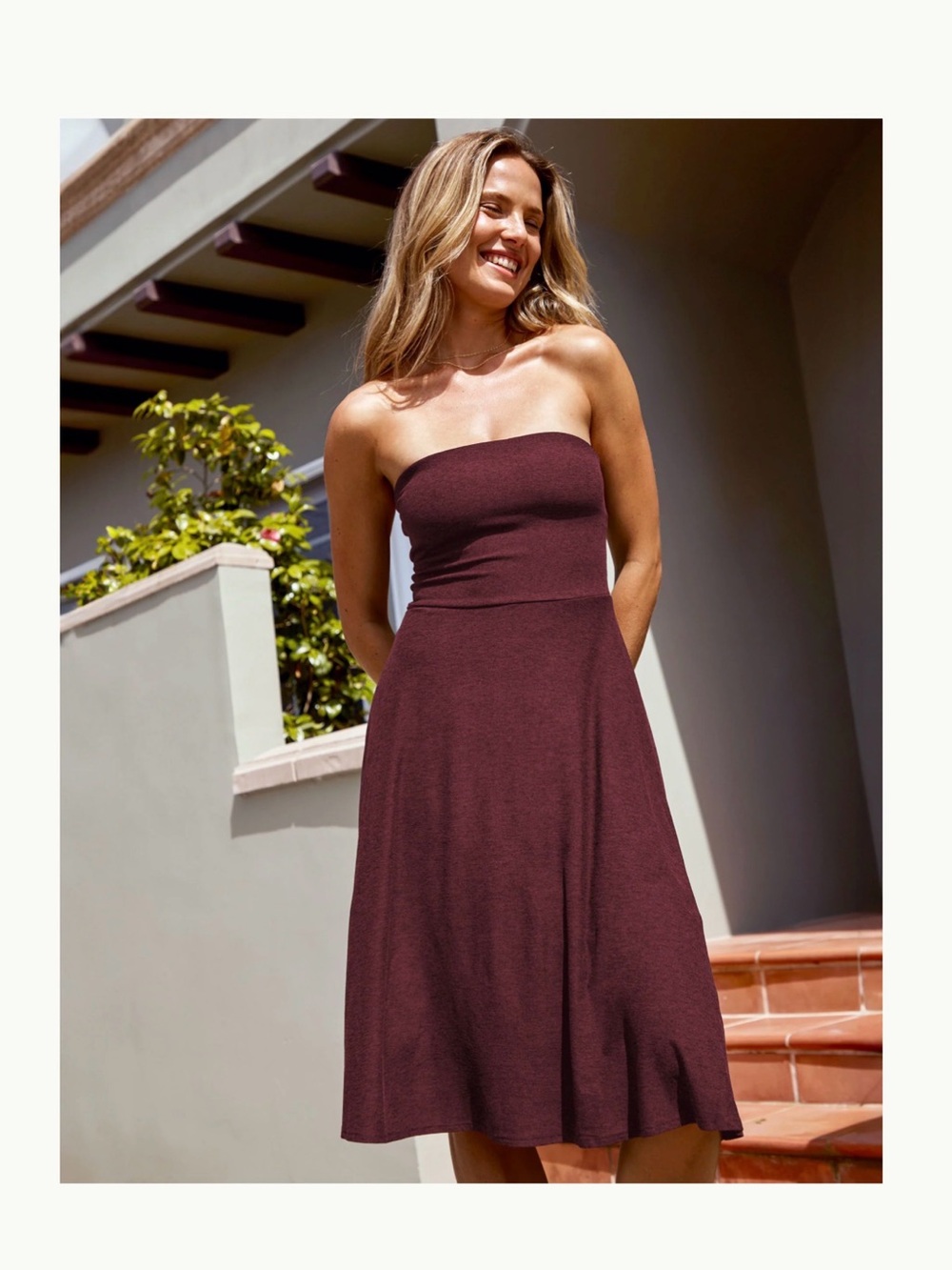 Beyond Yoga Strapless Wine Midi Dress